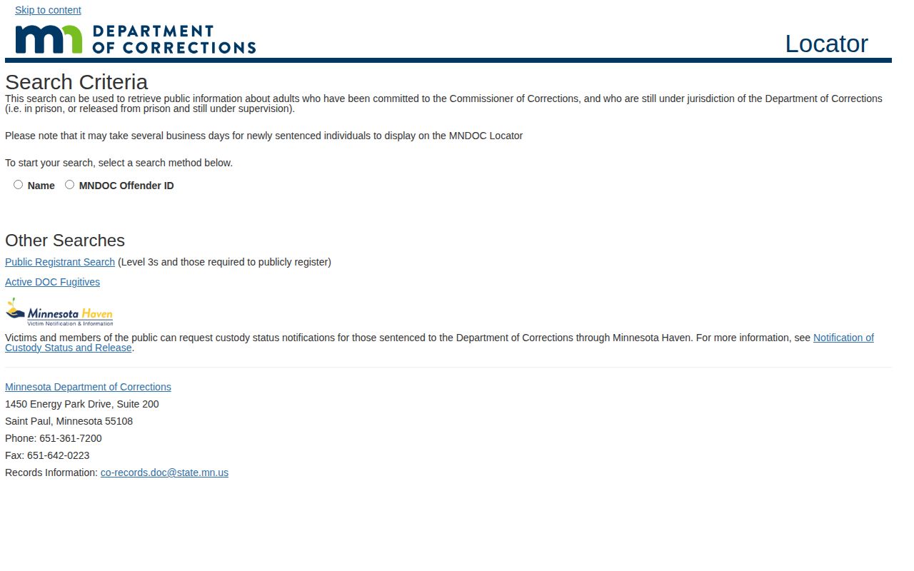Minnesota DOC Public Viewer offender search form