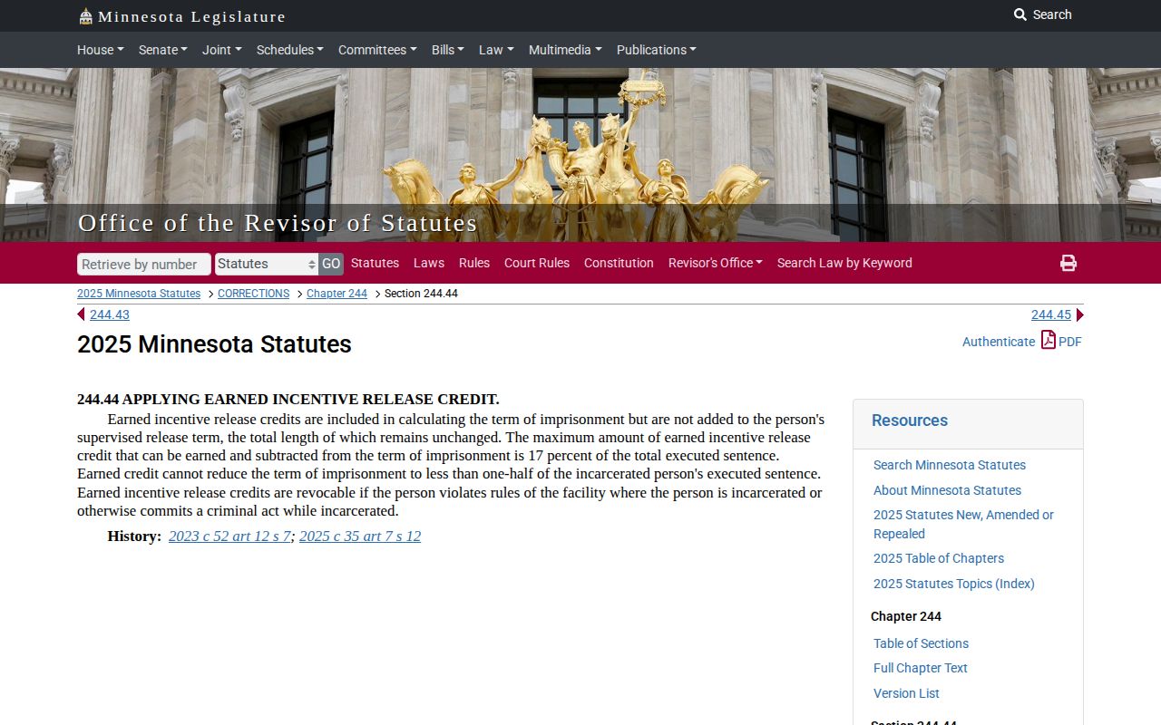 Minnesota earned incentive credit statute for Carver County release date calculation